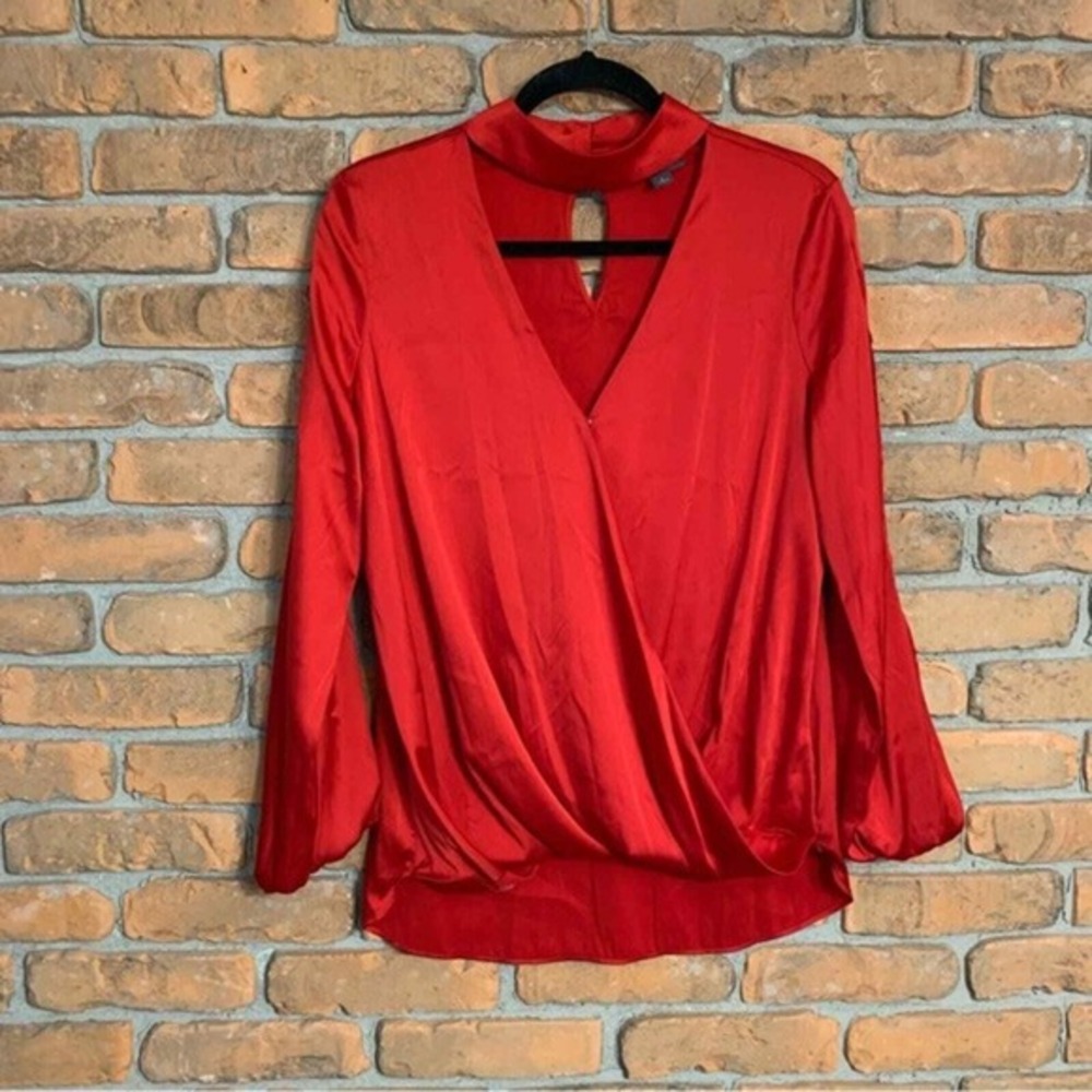 Bold Elements Red Blouse Cutout Mock Neck Long Sleeve Satin Top Womens Size S‎